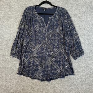 Lucky Brand Shirt Womens 3X XXXL Blue 3/4 Sleeve Bohemian Plus Size Geometric